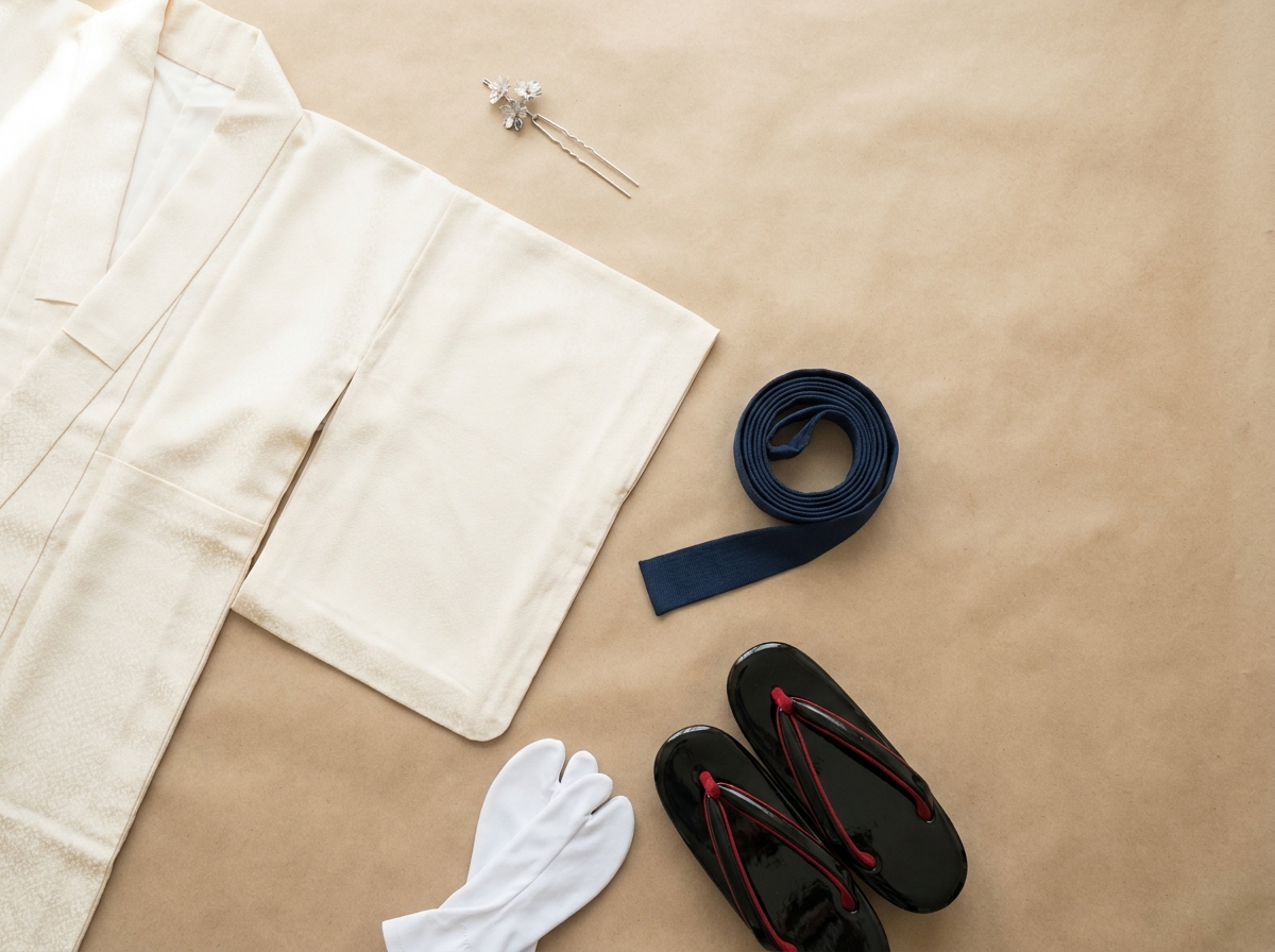 Basic kimono rental set with obi sash, tabi socks, zori sandals, and hairpin