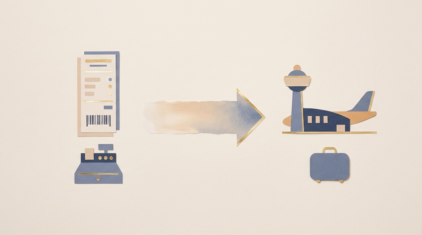 Paper-art flatlay showing the shift from in-store tax-free to airport refund