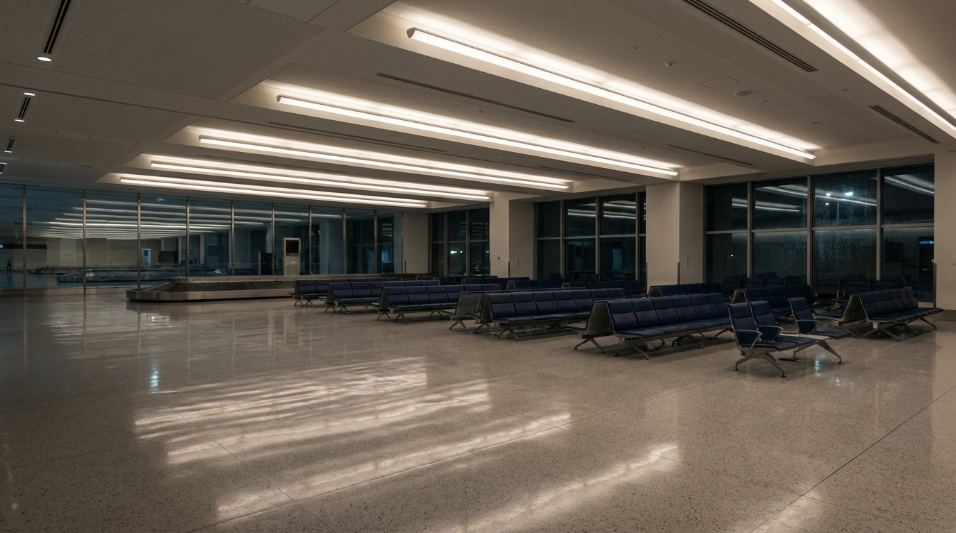 Empty Haneda Terminal 3 arrivals hall at midnight