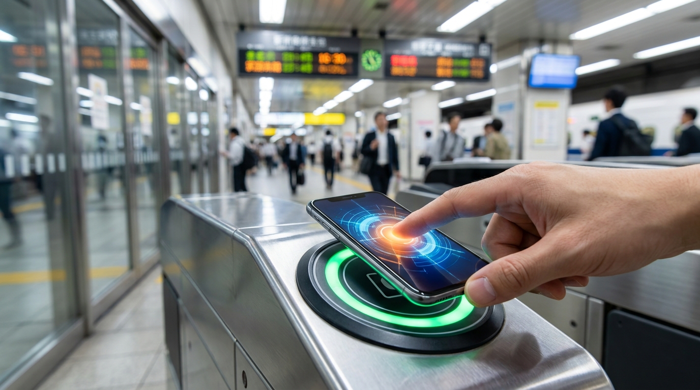 Smartphone tapping on shinkansen IC card reader at ticket gate