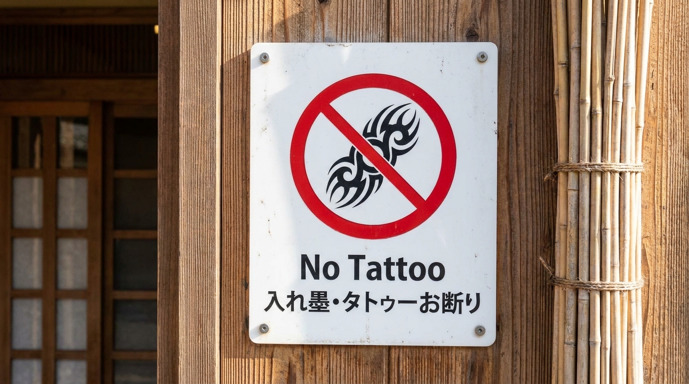 No tattoo policy sign at a Japanese bathhouse entrance