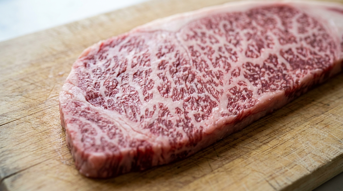 Macro close-up of A5 Japanese wagyu beef showing intense marbling