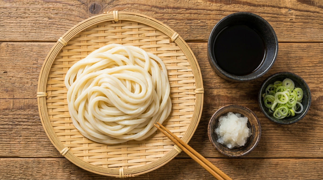 Zaru udon: cold udon on a bamboo mat with dipping sauce on the side (illustrative image)