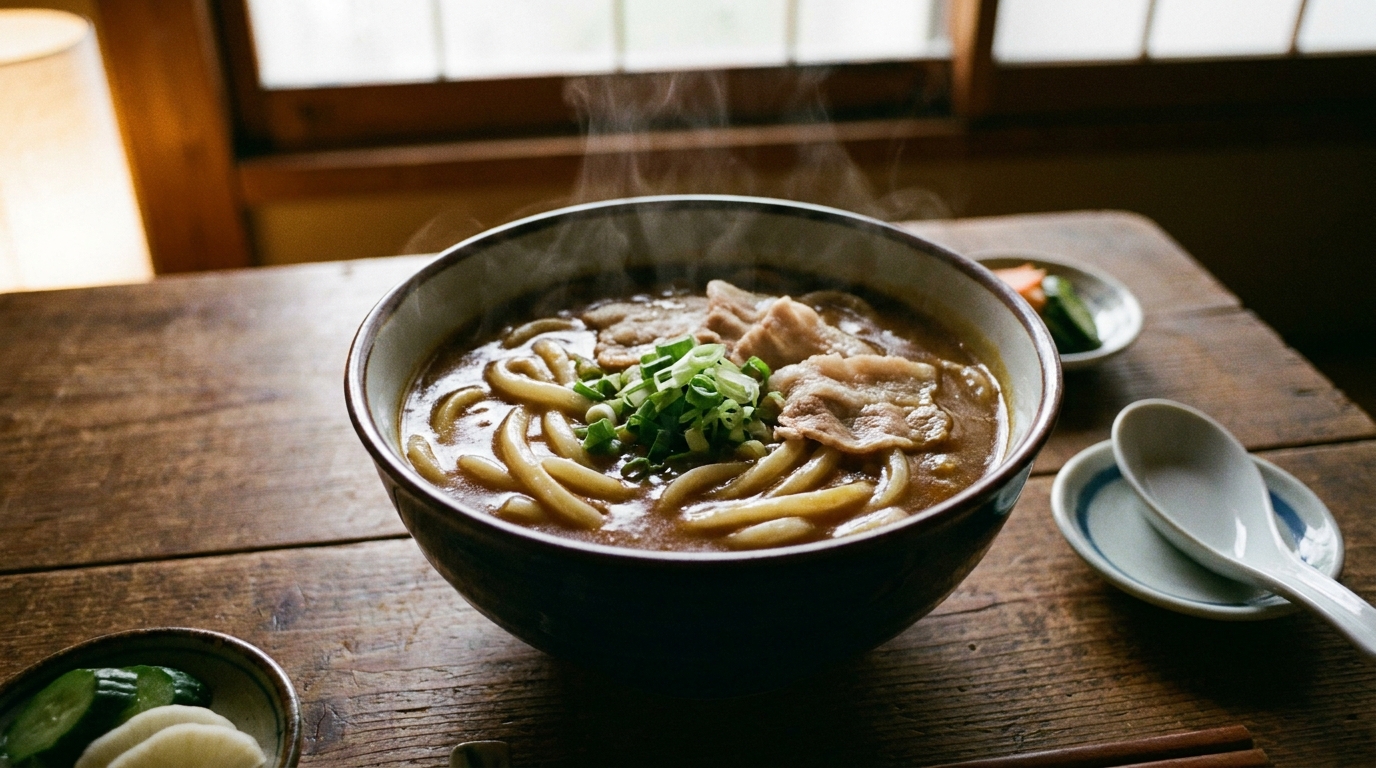 Curry udon: hot udon in a rich Japanese curry broth with sliced pork (illustrative image)
