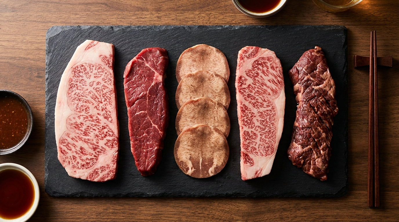 Assortment of premium Japanese wagyu yakiniku cuts on a slate platter
