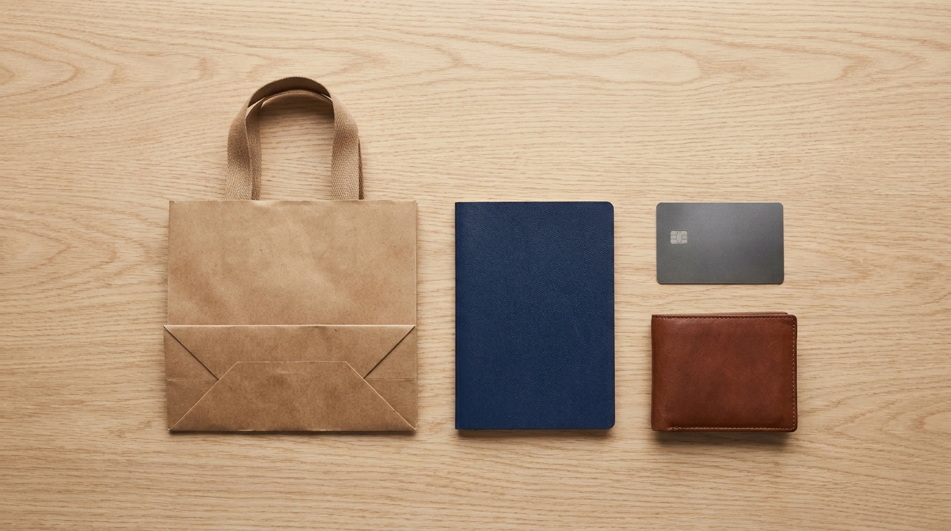 Flatlay of shopping bag, passport, credit card, and wallet