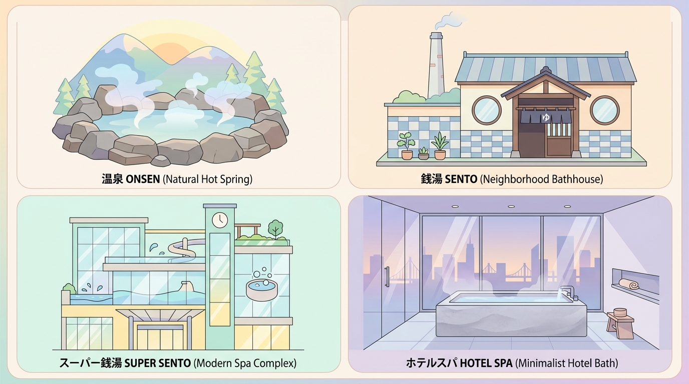 Four types of Japanese bathing facilities compared - onsen sento super sento hotel spa