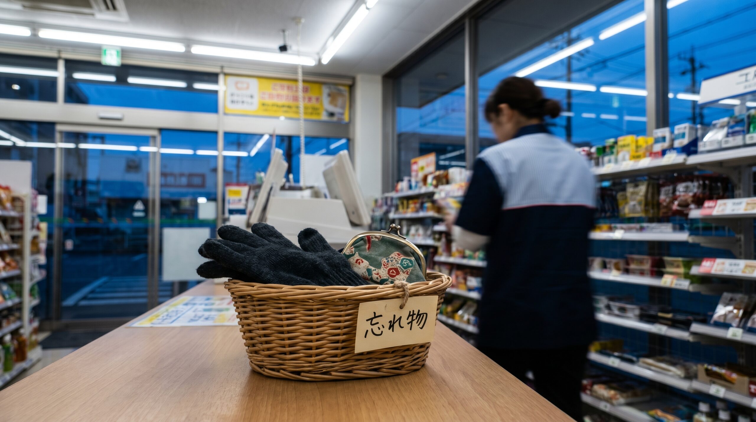 Konbini counter wicker basket holding forgotten gloves and a coin purse