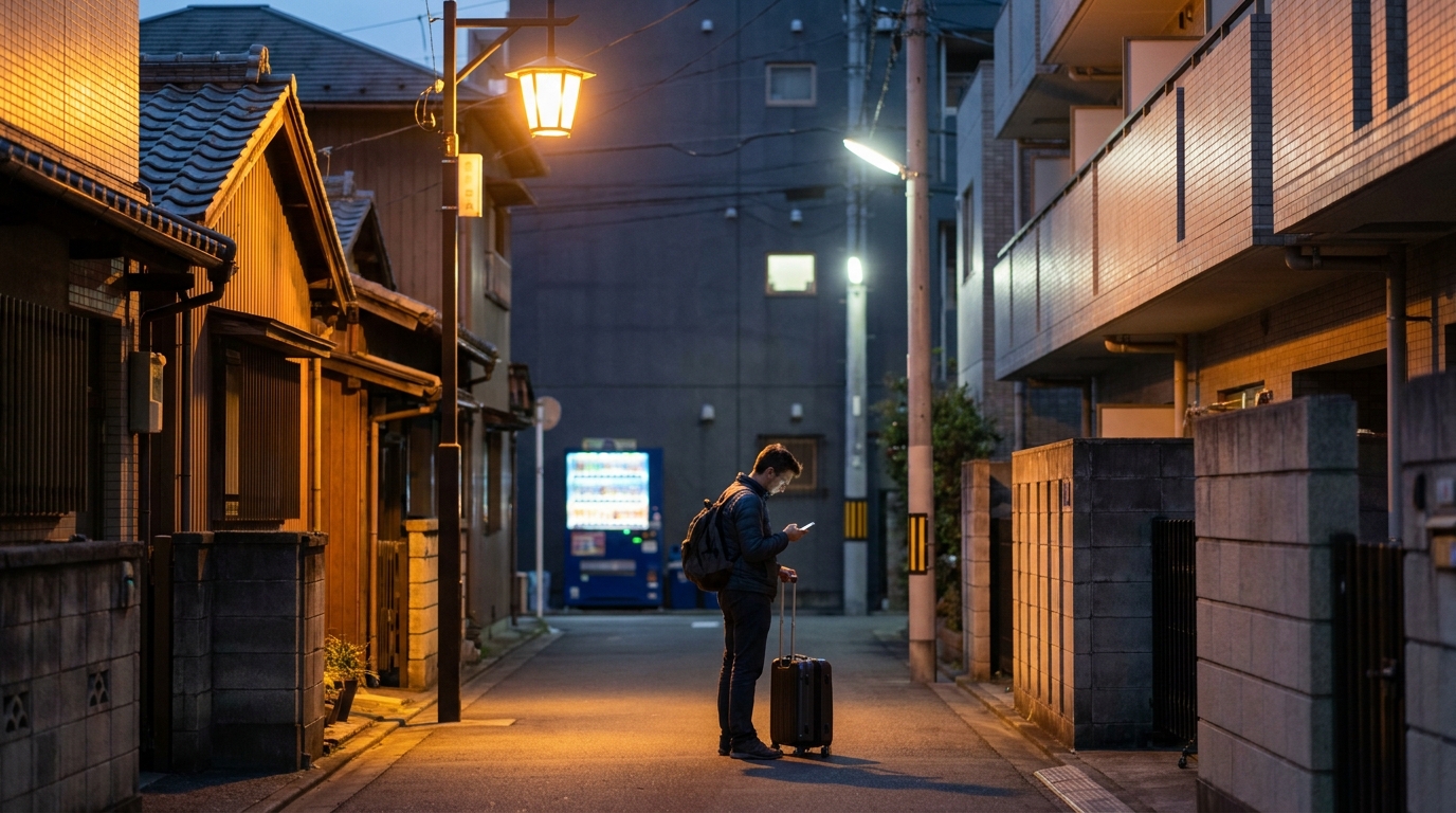 Tokyo residential alley at evening with traveler