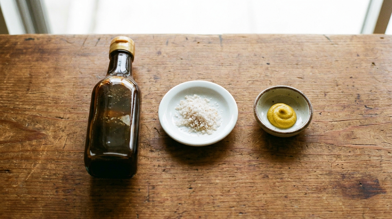 Three condiments for tonkatsu: brown sauce, salt, and yellow karashi mustard (illustrative image)