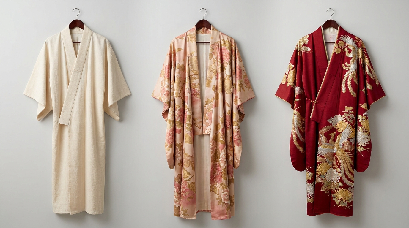 Three Japanese kimonos compared: basic cotton, retro silk-blend, and formal furisode