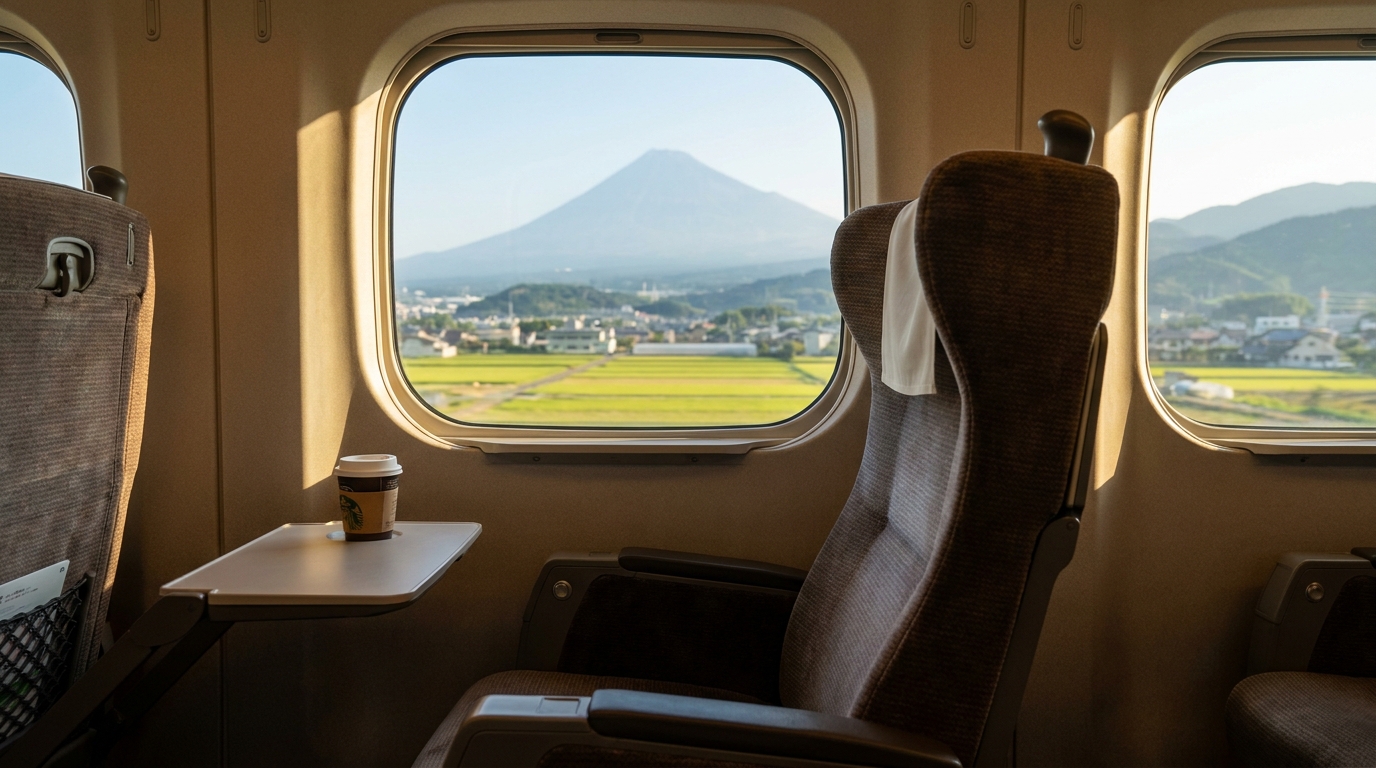 Shinkansen window seat view of Mt. Fuji and countryside