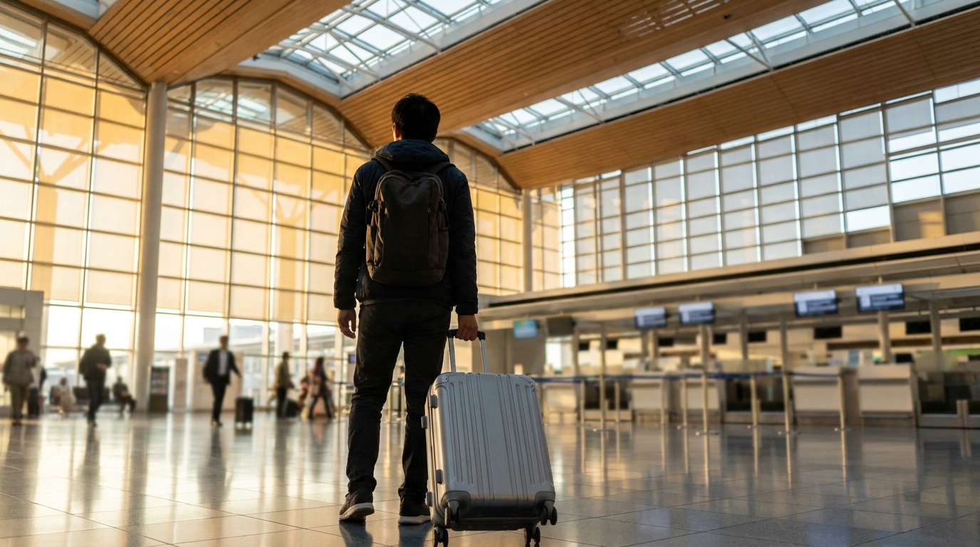 Traveler walking through airport departure lobby with luggage
