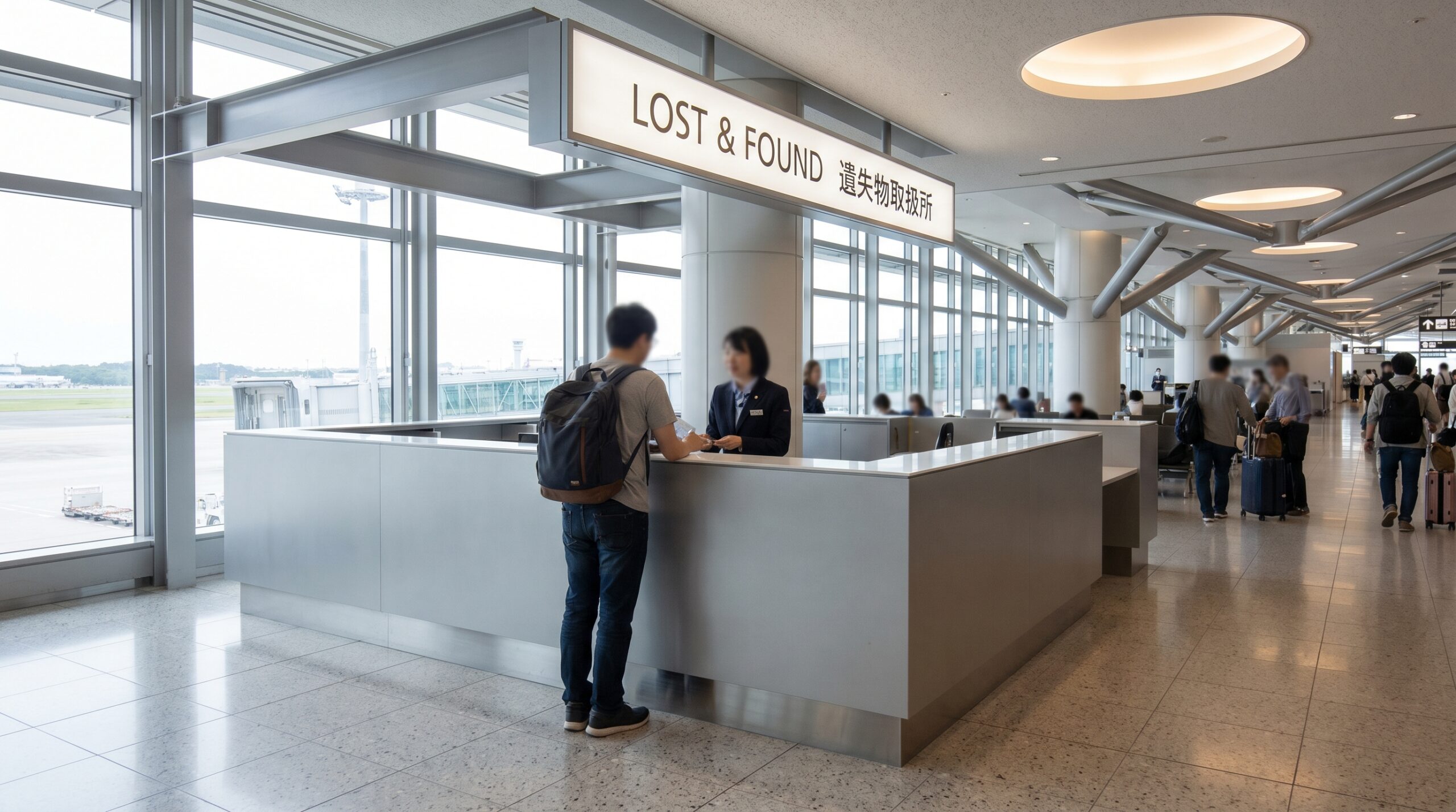 Airport Lost and Found information counter with bilingual sign