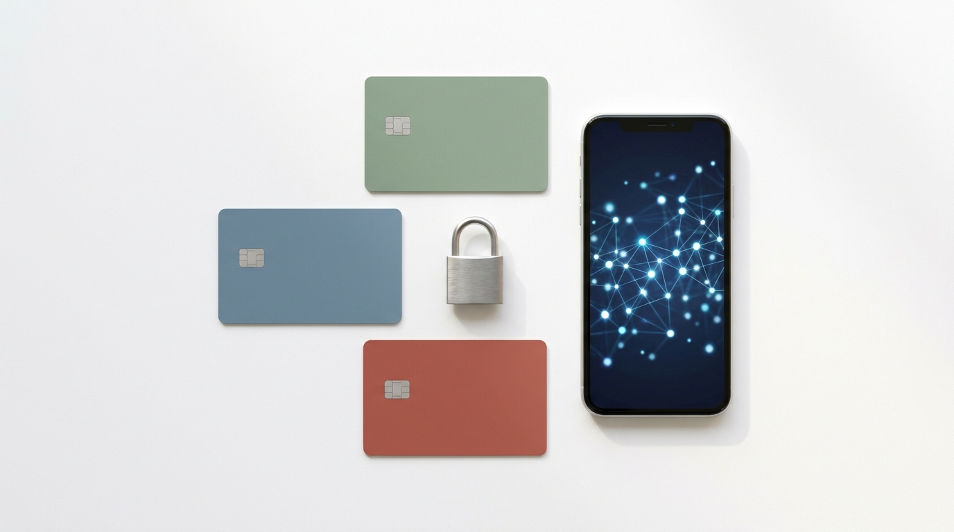 Three credit cards, padlock, and smartphone with abstract authentication pattern