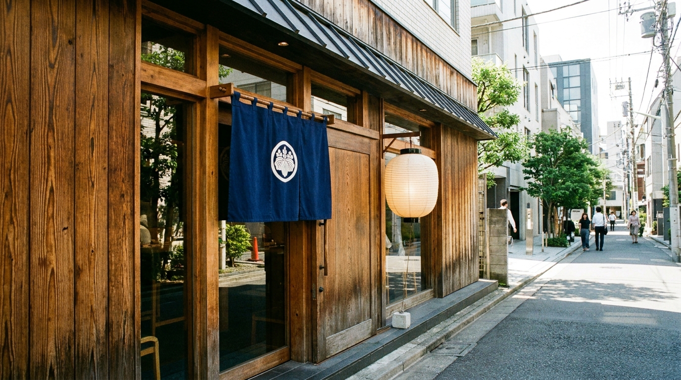 Refined Japanese tonkatsu restaurant exterior with wooden facade and noren curtain (illustrative image)