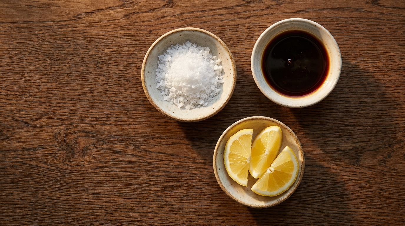 Three small ceramic dishes of salt, tare sauce, and lemon wedges