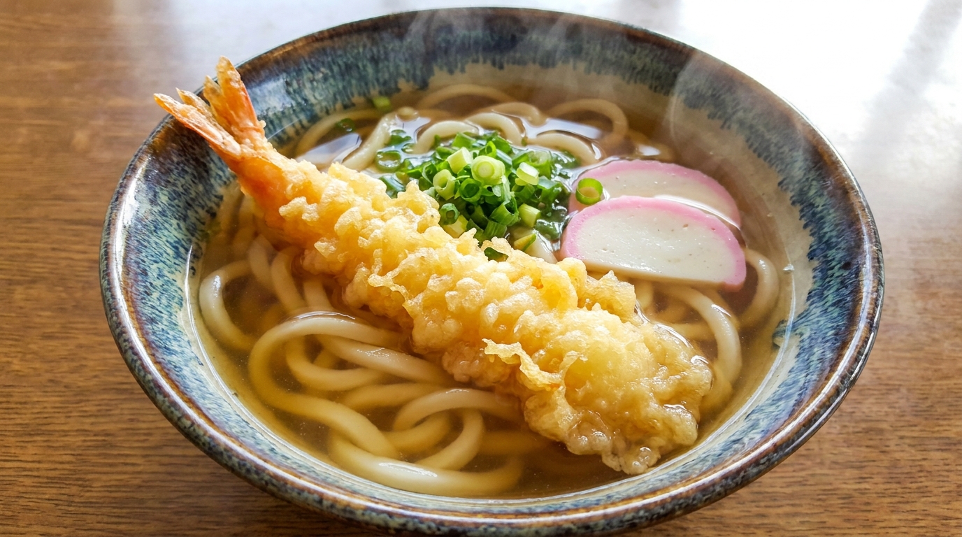 Tempura udon: hot udon topped with a single large shrimp tempura (illustrative image)