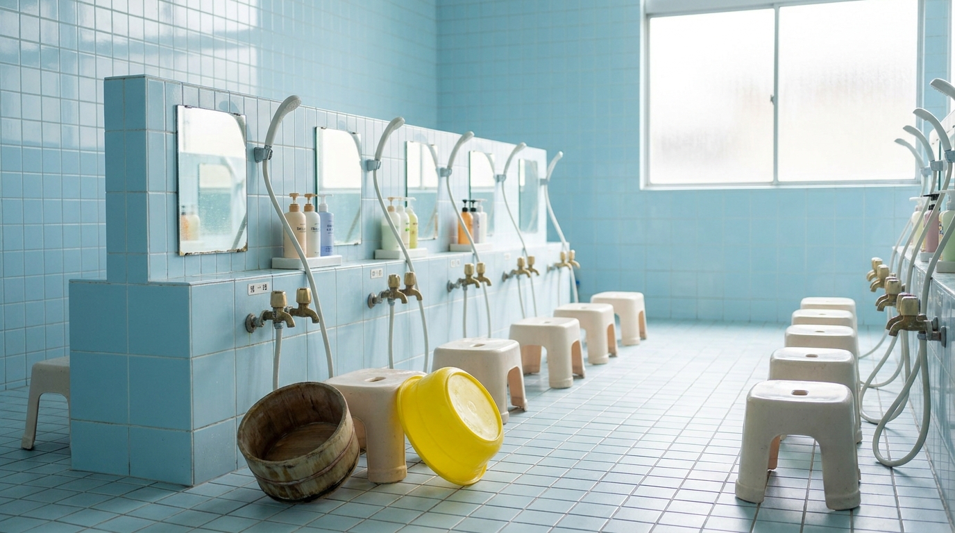 Japanese sento washing area with stools wooden buckets and shower stations