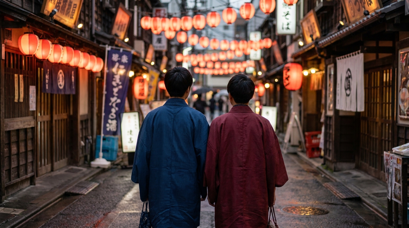 Couple in matching kimono walking through Asakusa Yokocho lantern-lit alley at dusk