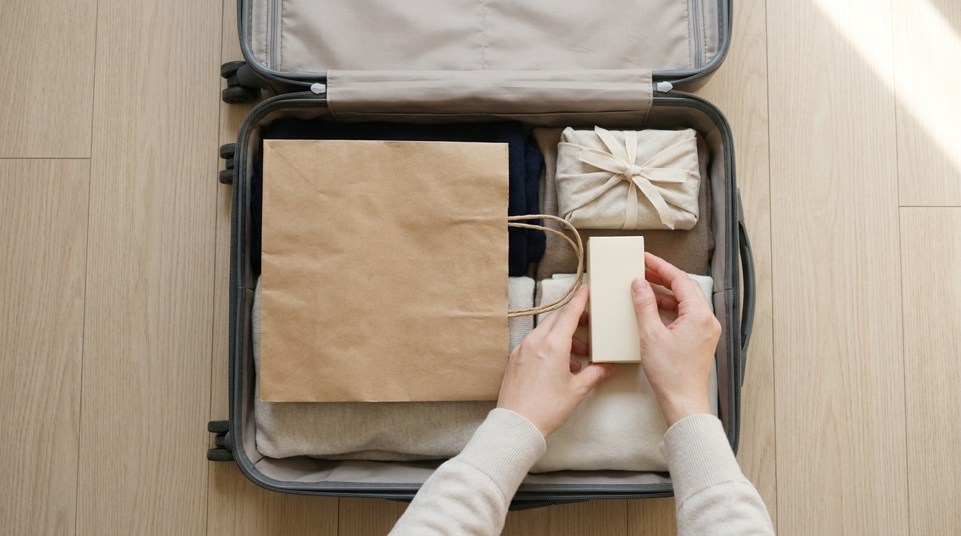 Hands carefully arranging items in carry-on luggage