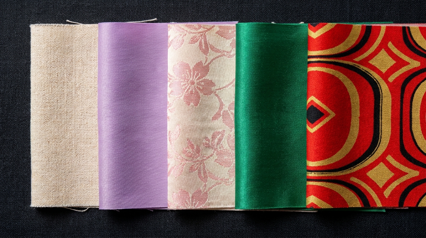 Five kimono fabric swatches compared side by side to show textures