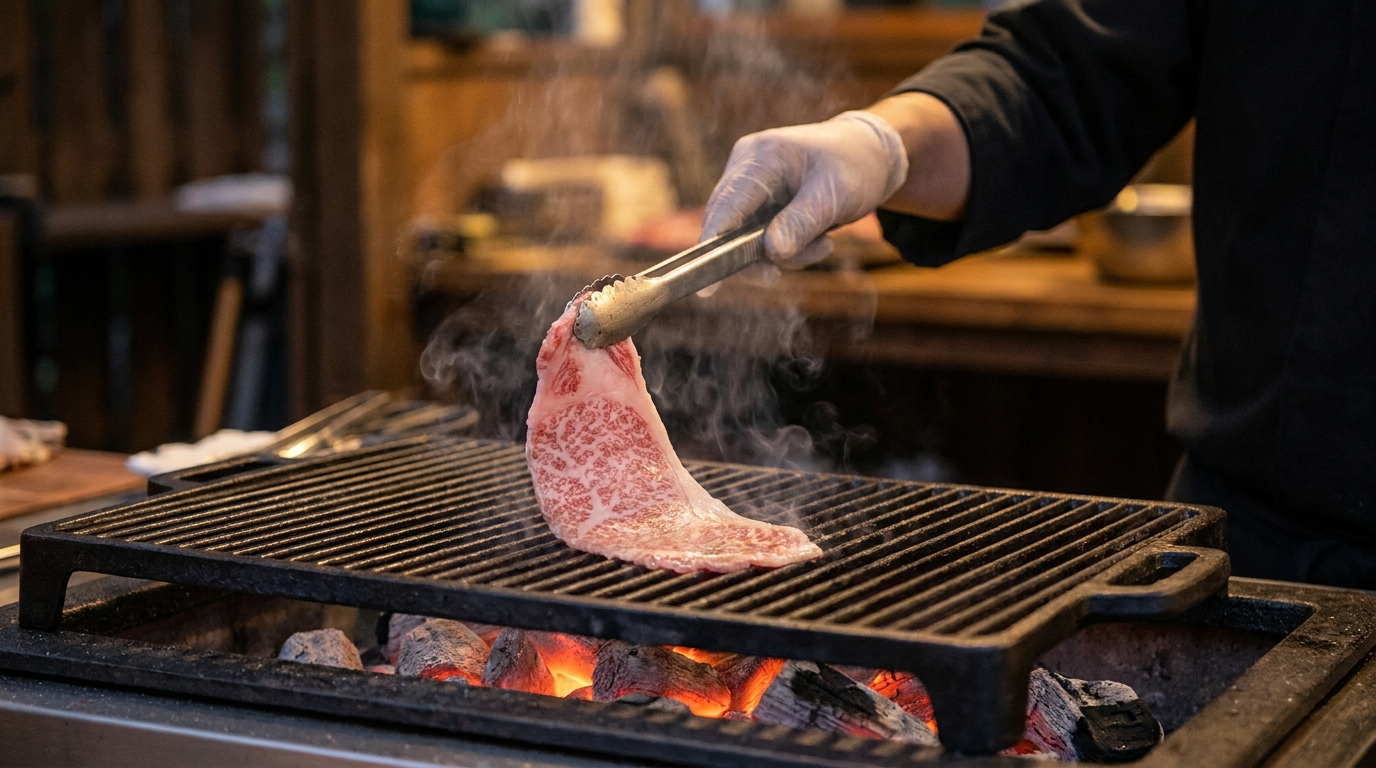 Hand using tongs to place a thin slice of wagyu on a charcoal grill