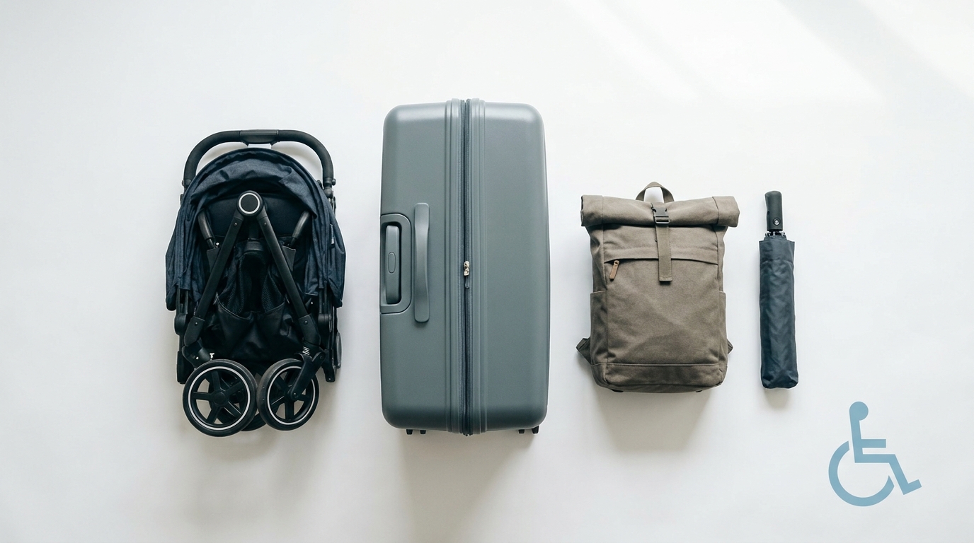 Travel items: suitcase stroller backpack umbrella