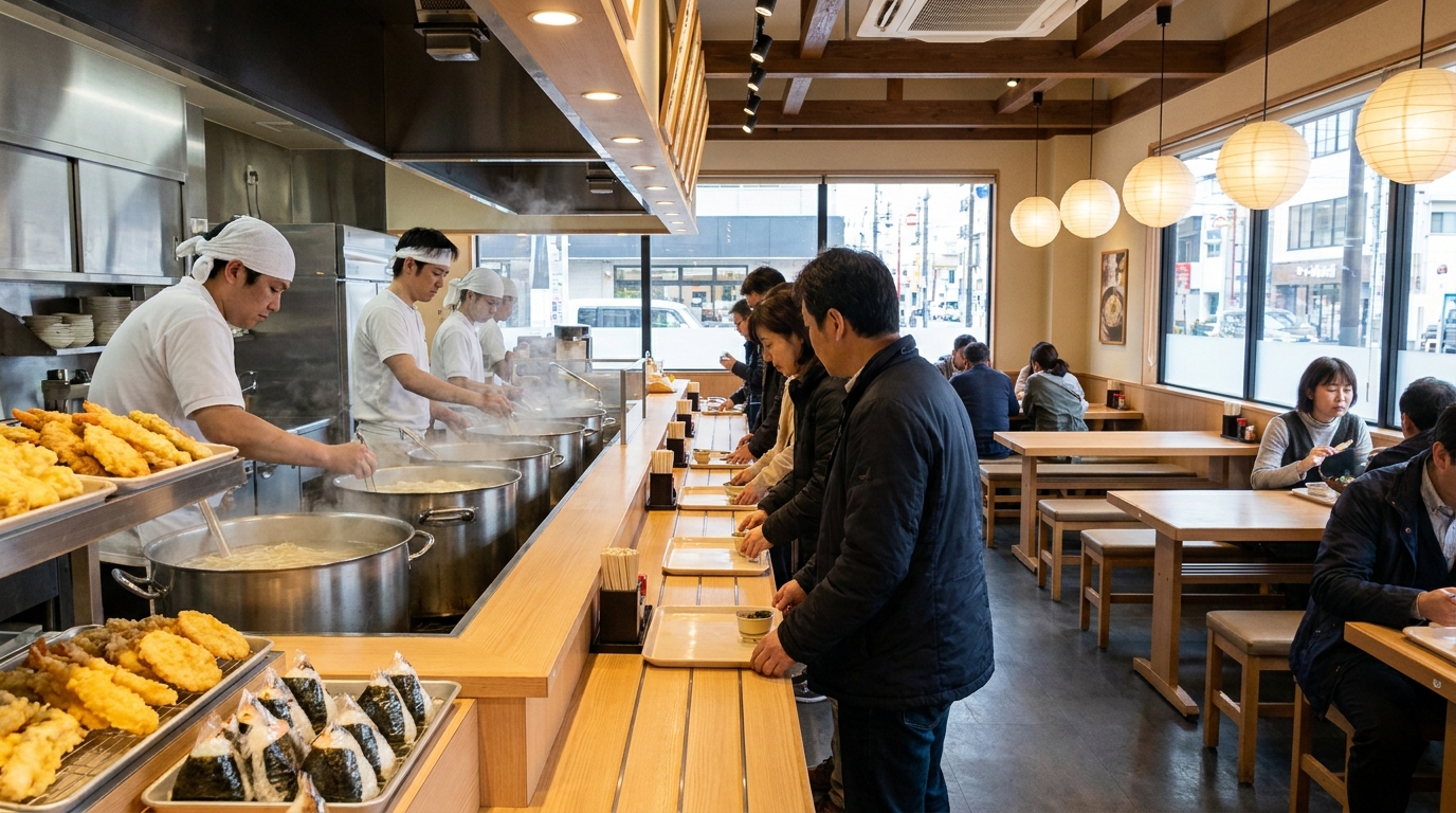 Marugame Seimen-style udon chain interior with visible noodle boiler and cafeteria counter (illustrative image)