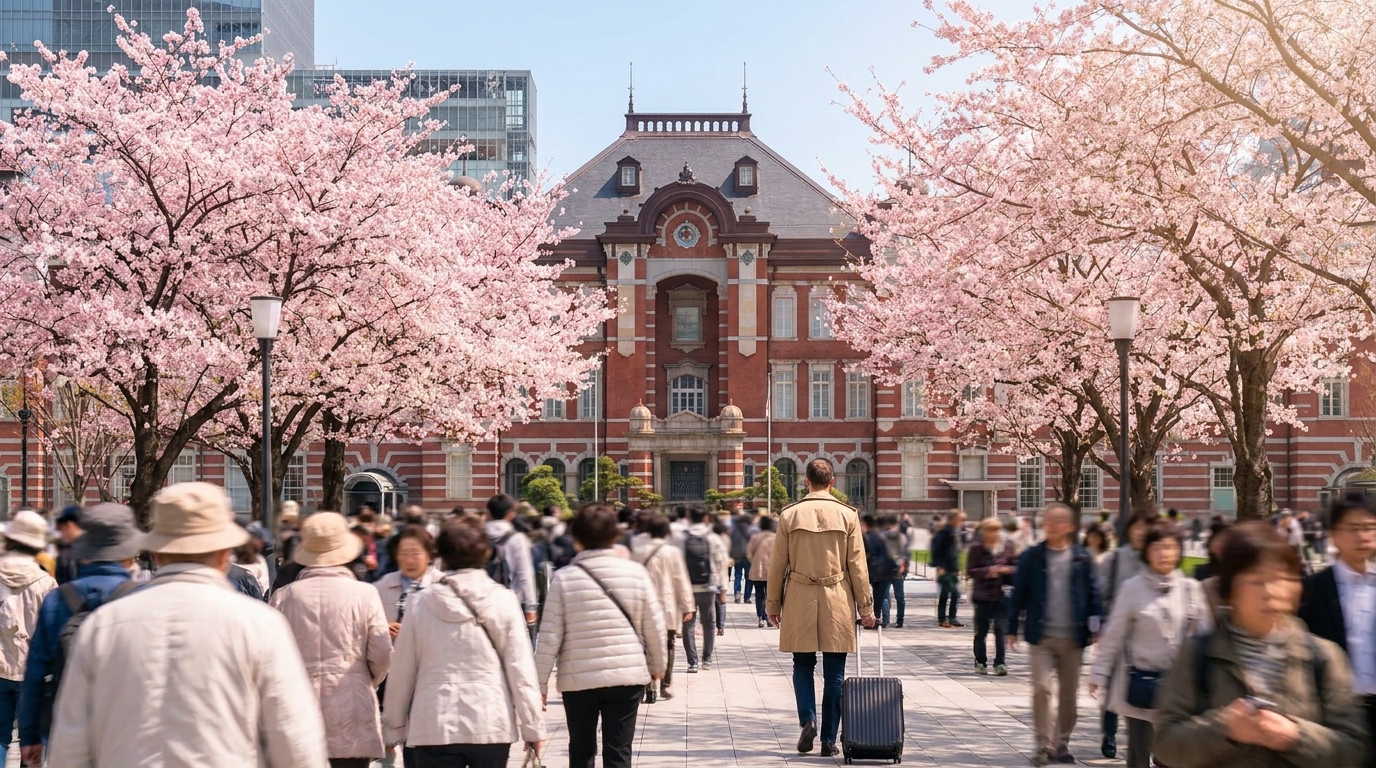 Tokyo Station Marunouchi side with cherry blossoms and travelers