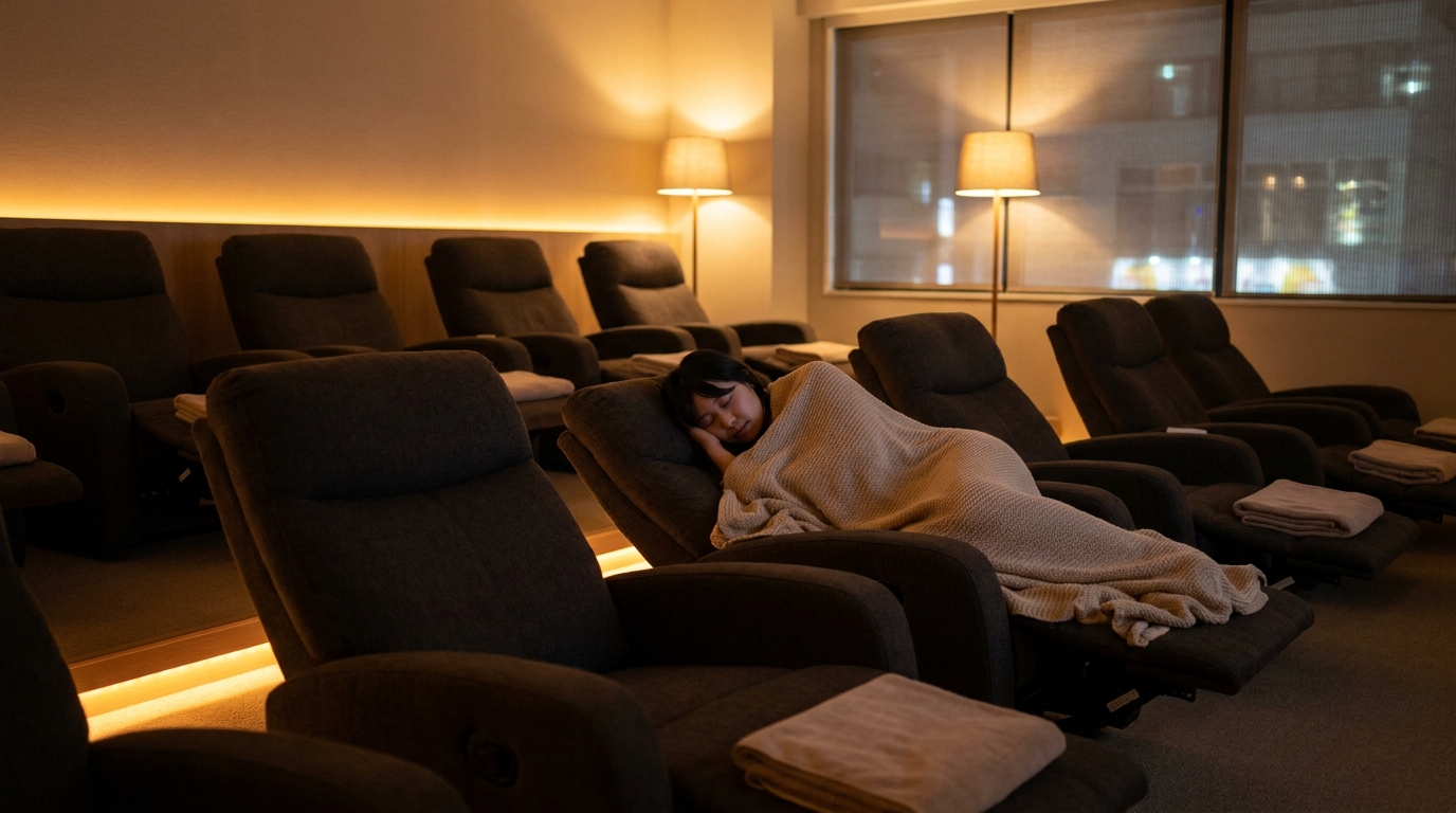 Overnight spa relaxation lounge with reclining chairs