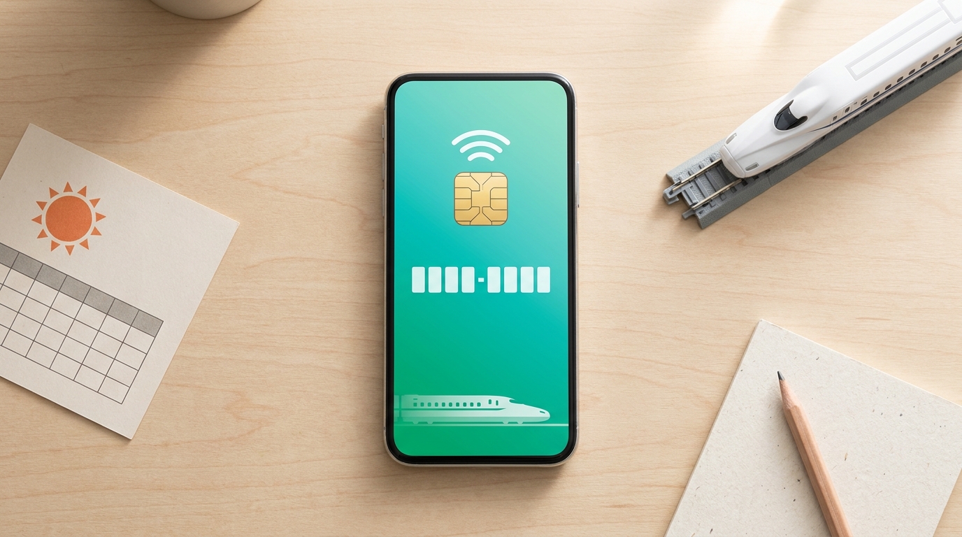 Smartphone showing transit IC card style screen on a wooden desk