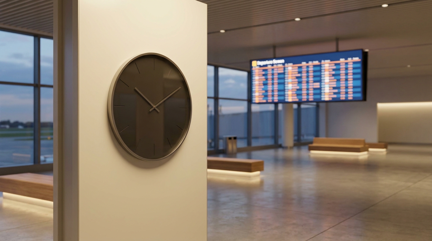 Airport interior with wall clock and departure information board