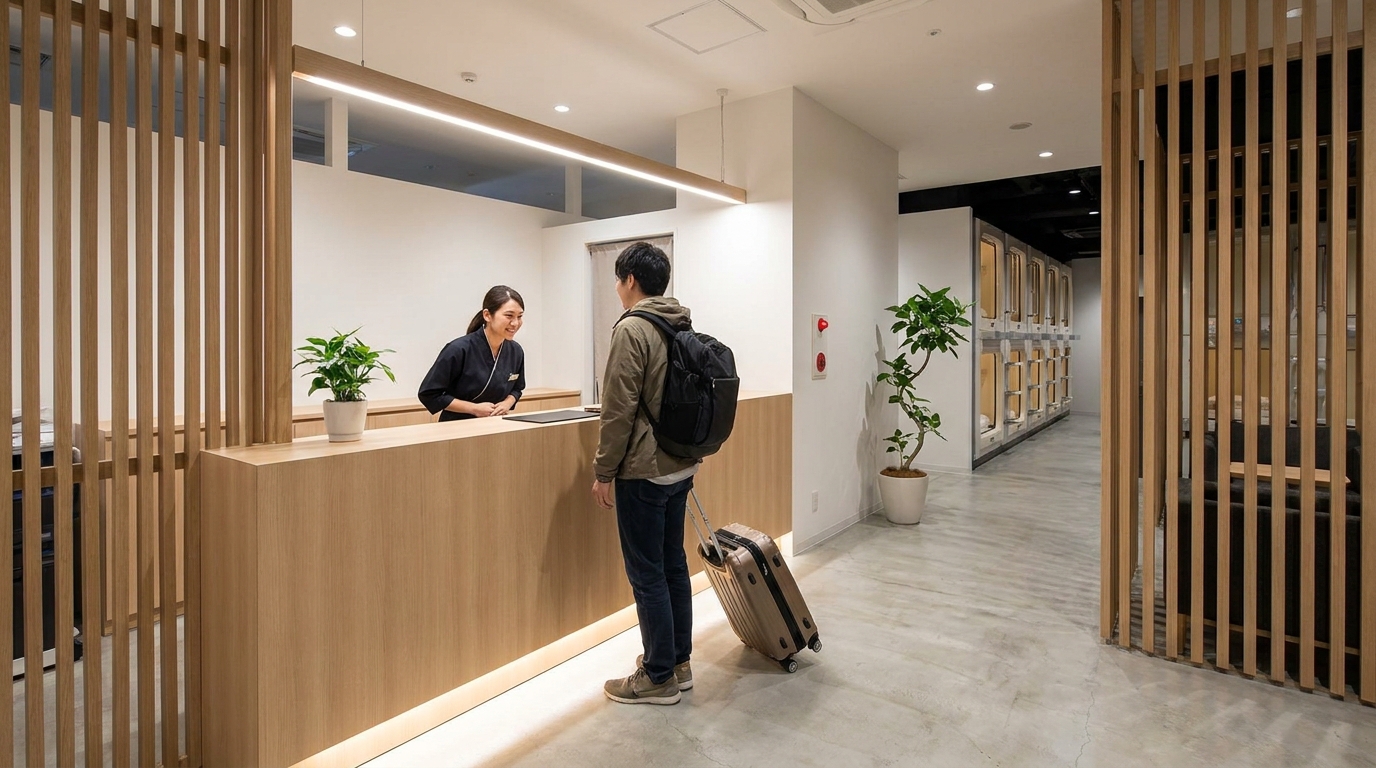 Capsule hotel reception desk with traveler