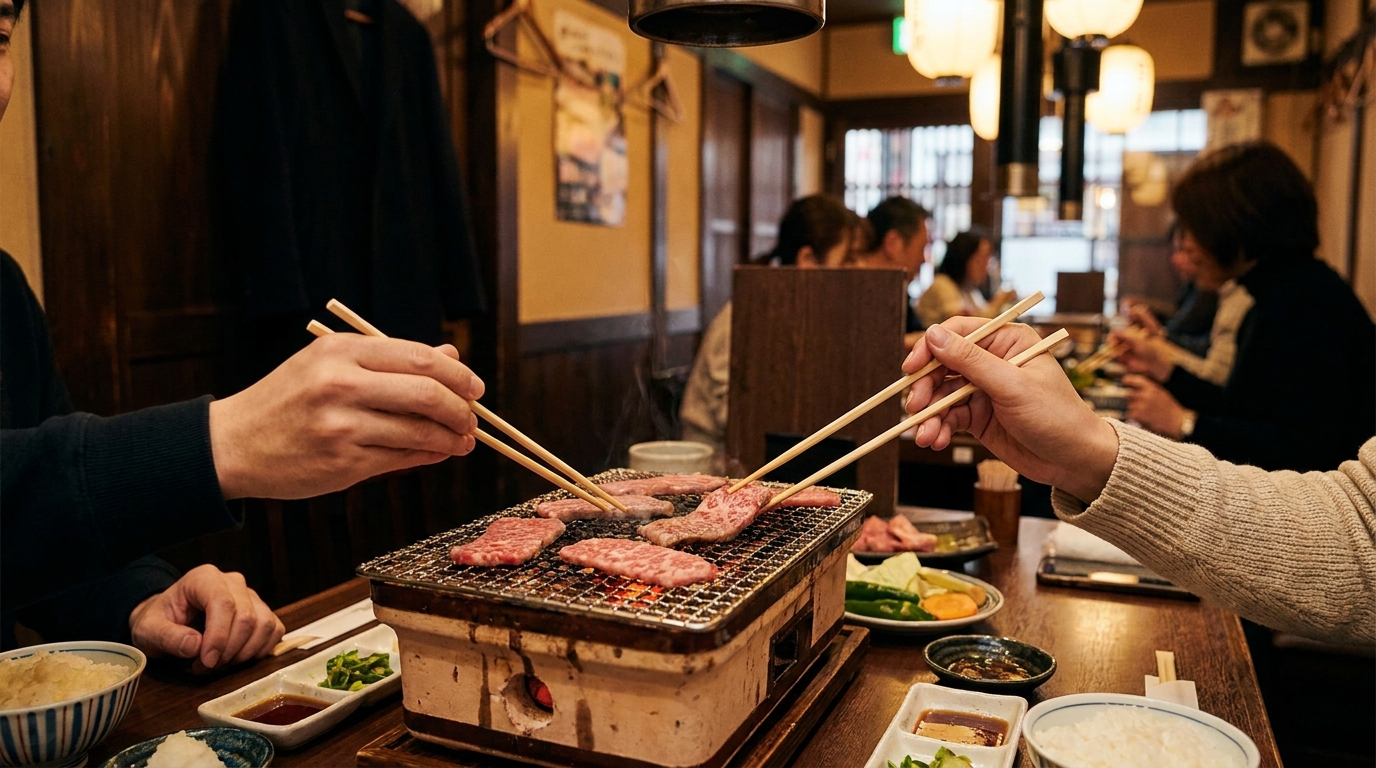 Two diners sharing wagyu yakiniku at a Tokyo restaurant