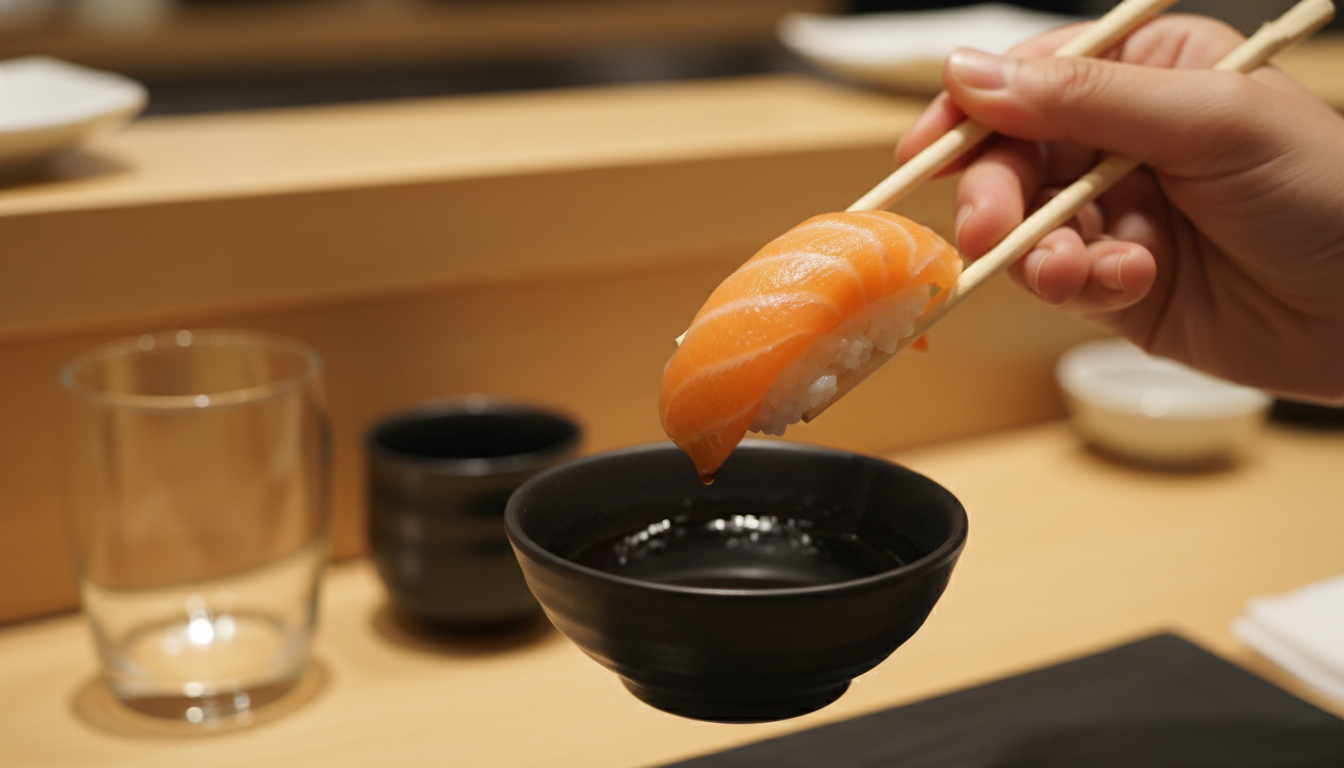 Dipping nigiri in soy sauce