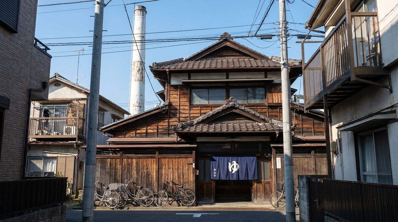 Tokyo neighborhood sento exterior with tile roof and chimney
