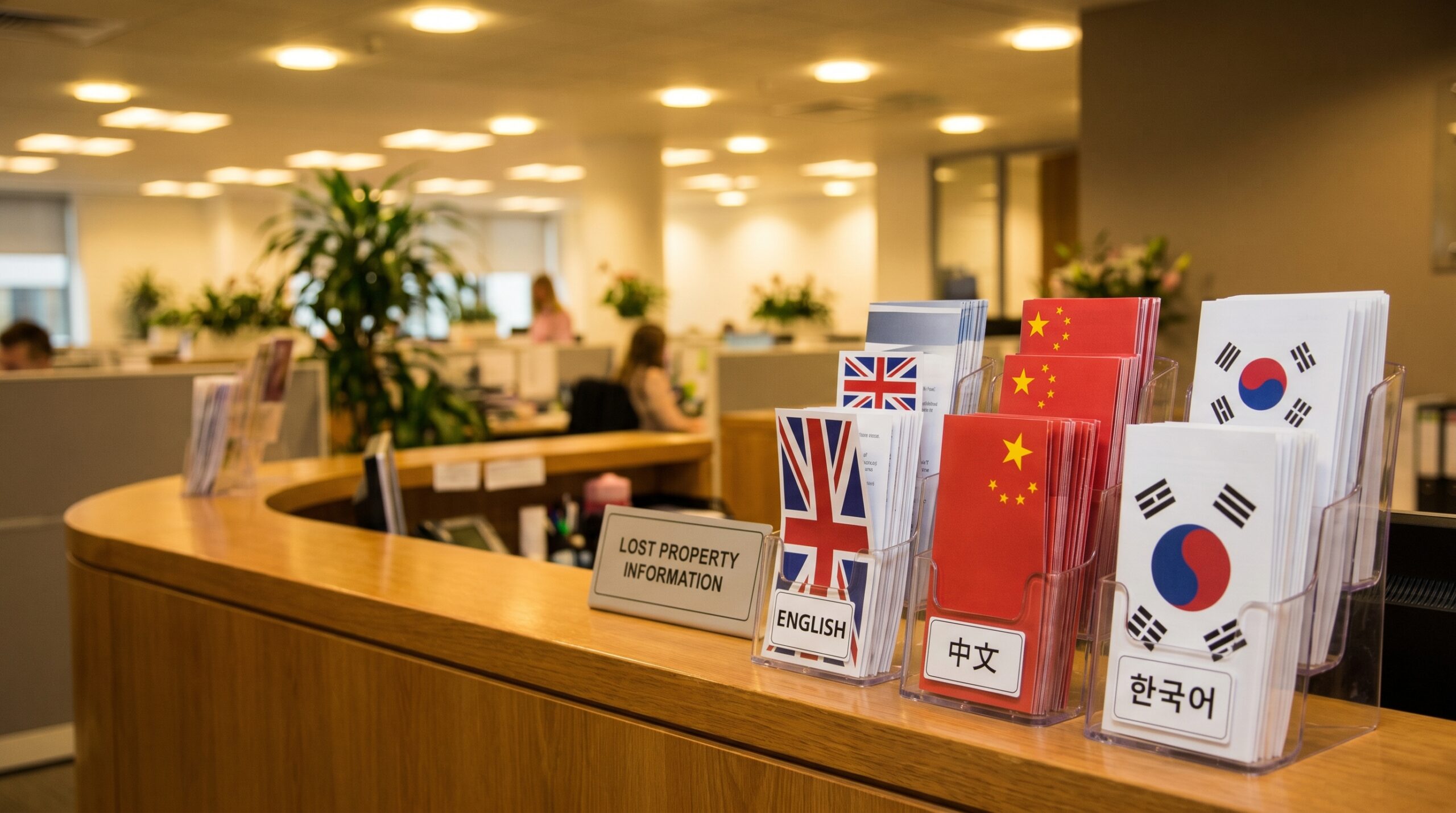 Multilingual lost property brochures with English, Chinese, and Korean flags