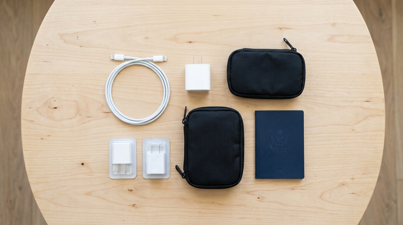 Travel packing flatlay USB-C adapter passport