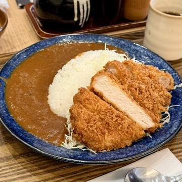 Pork cutlet over Japanese curry served on a blue-patterned plate (illustrative image)