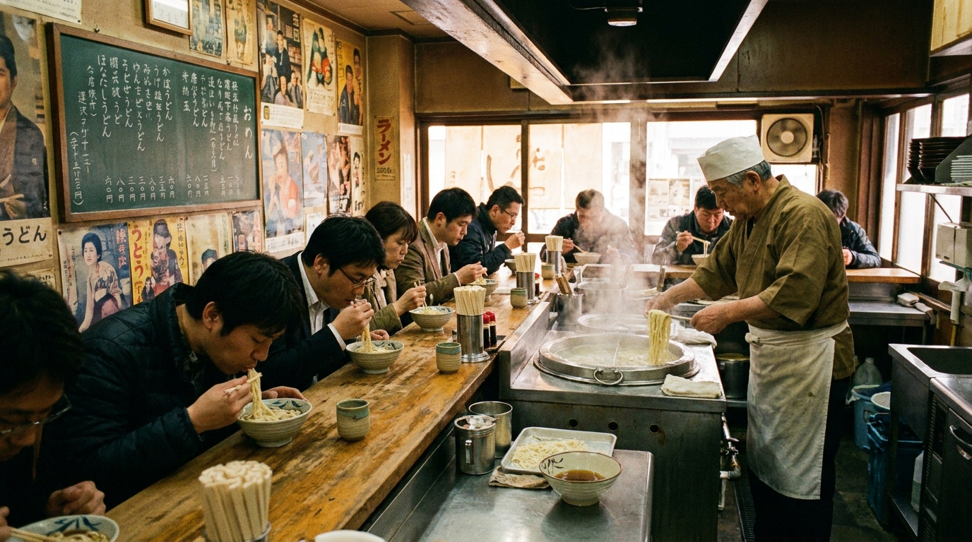 Sanuki udon specialist counter shop in Tokyo with cooks visible behind the bar (illustrative image)