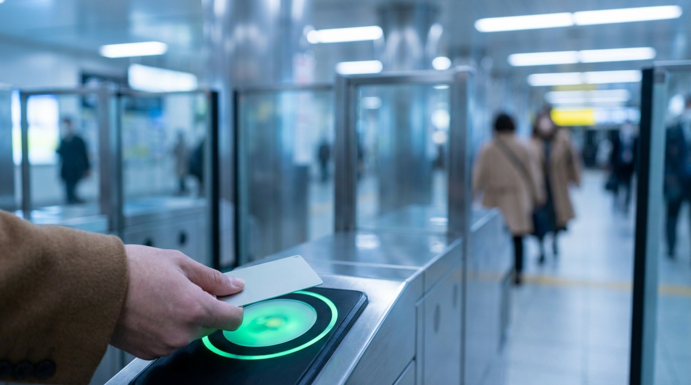 Tapping IC card on green ticket gate sensor