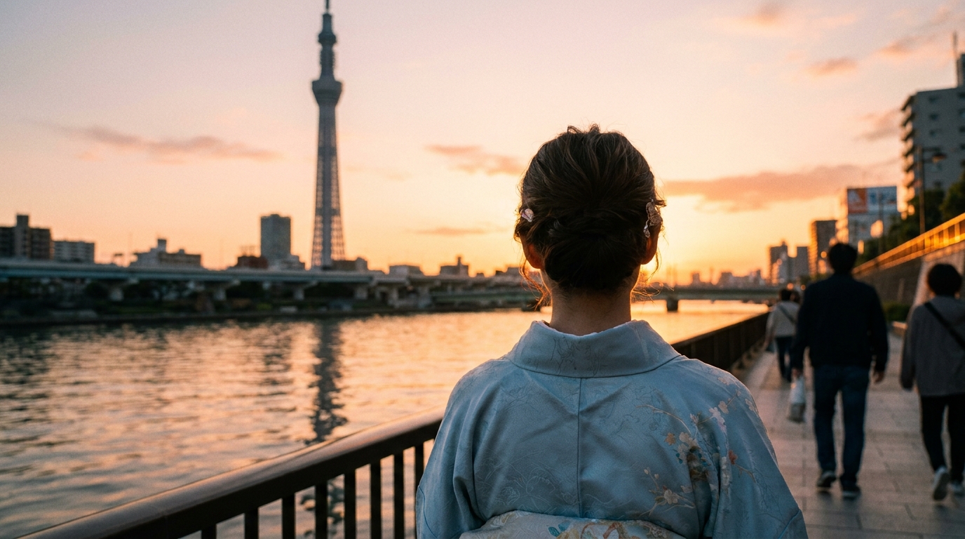 Woman in pale blue kimono walking along Sumida River with Tokyo Skytree in background