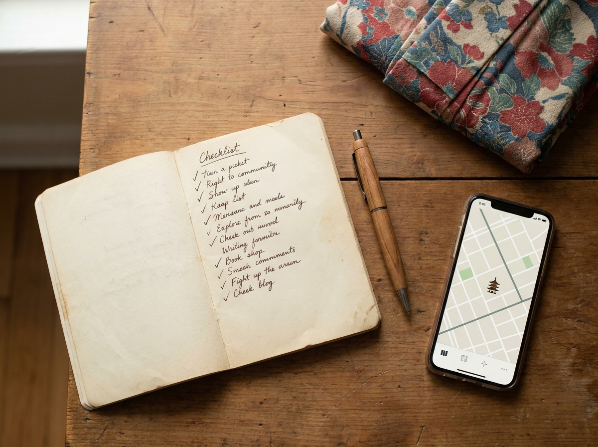 Flat lay of a notebook booking checklist next to a smartphone Asakusa map