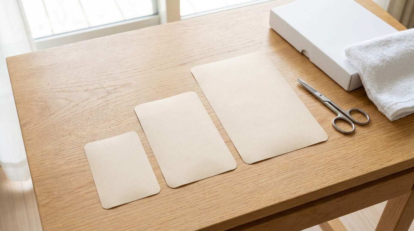 Japanese tattoo cover stickers in three sizes on a wooden table