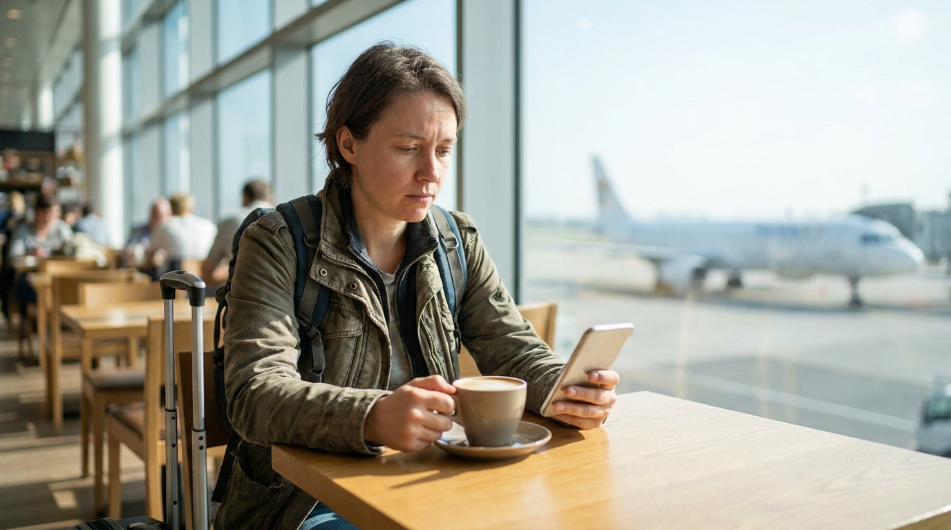 Traveler at airport cafe checking smartphone