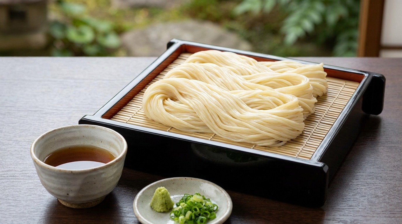 Inaniwa udon: thin silky hand-pulled noodles served on a black lacquer seiro tray (illustrative image)