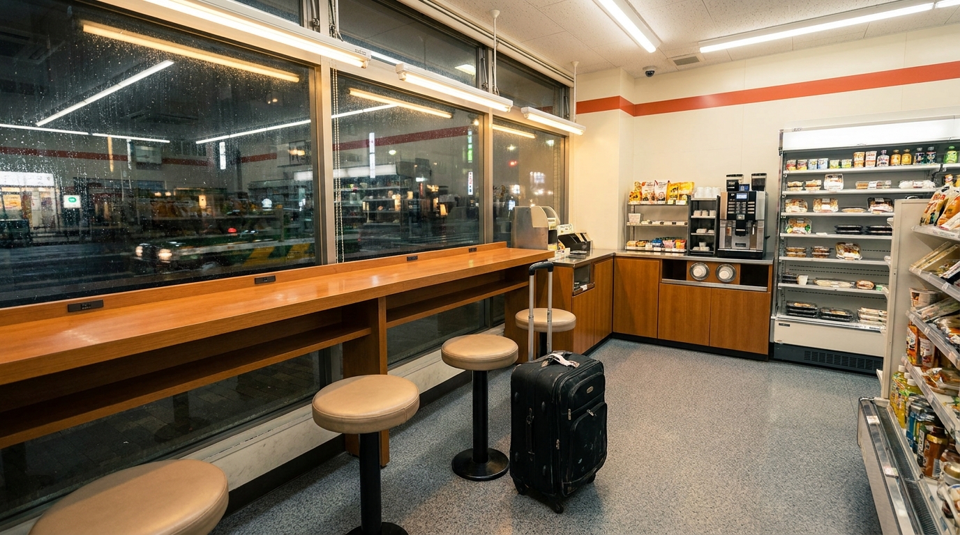 24-hour convenience store at 3 AM with suitcase