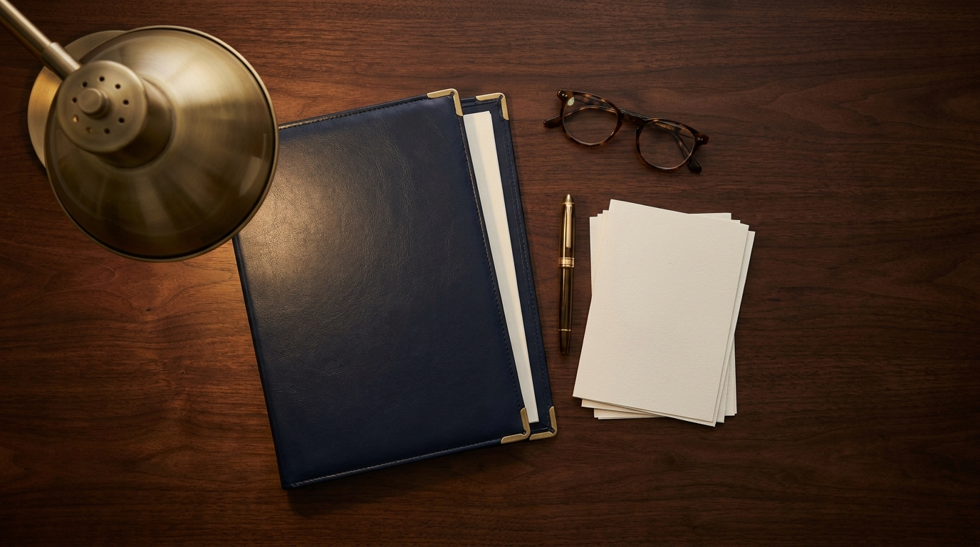 Official-looking document folder, fountain pen, glasses