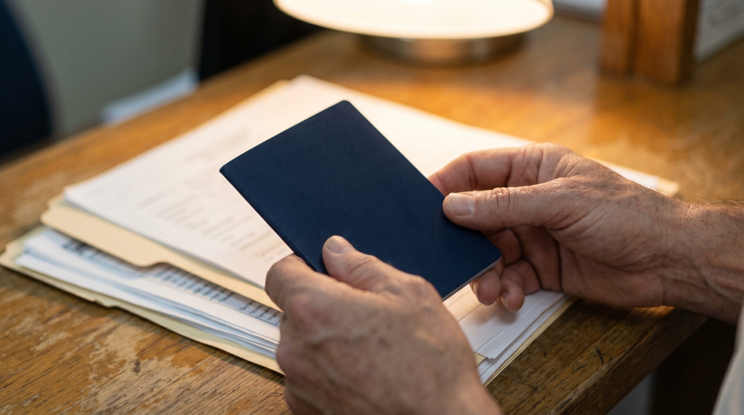 Hands holding a dark blue passport over paperwork